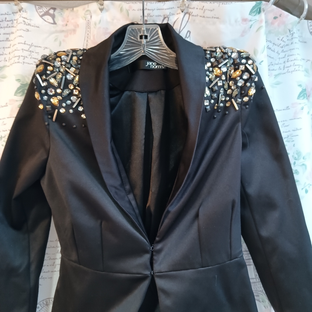 Black silky evening jacket with Rhinestones on shoulder